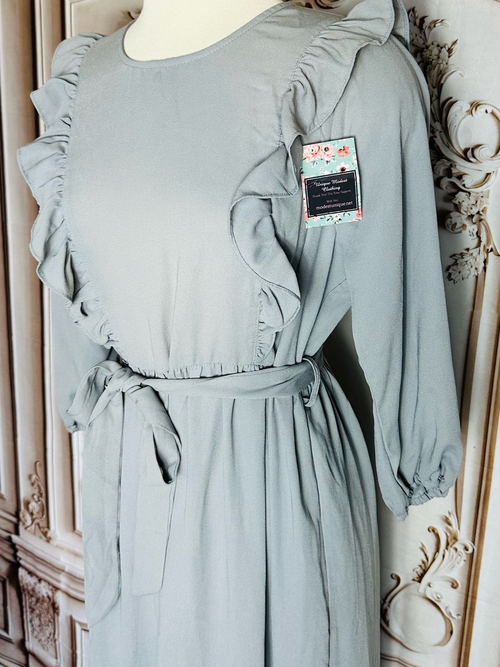 Source Unknown Lilac Ruffle Long-Sleeve Maxi Dress with Tie Waist - Picture 7 of 9